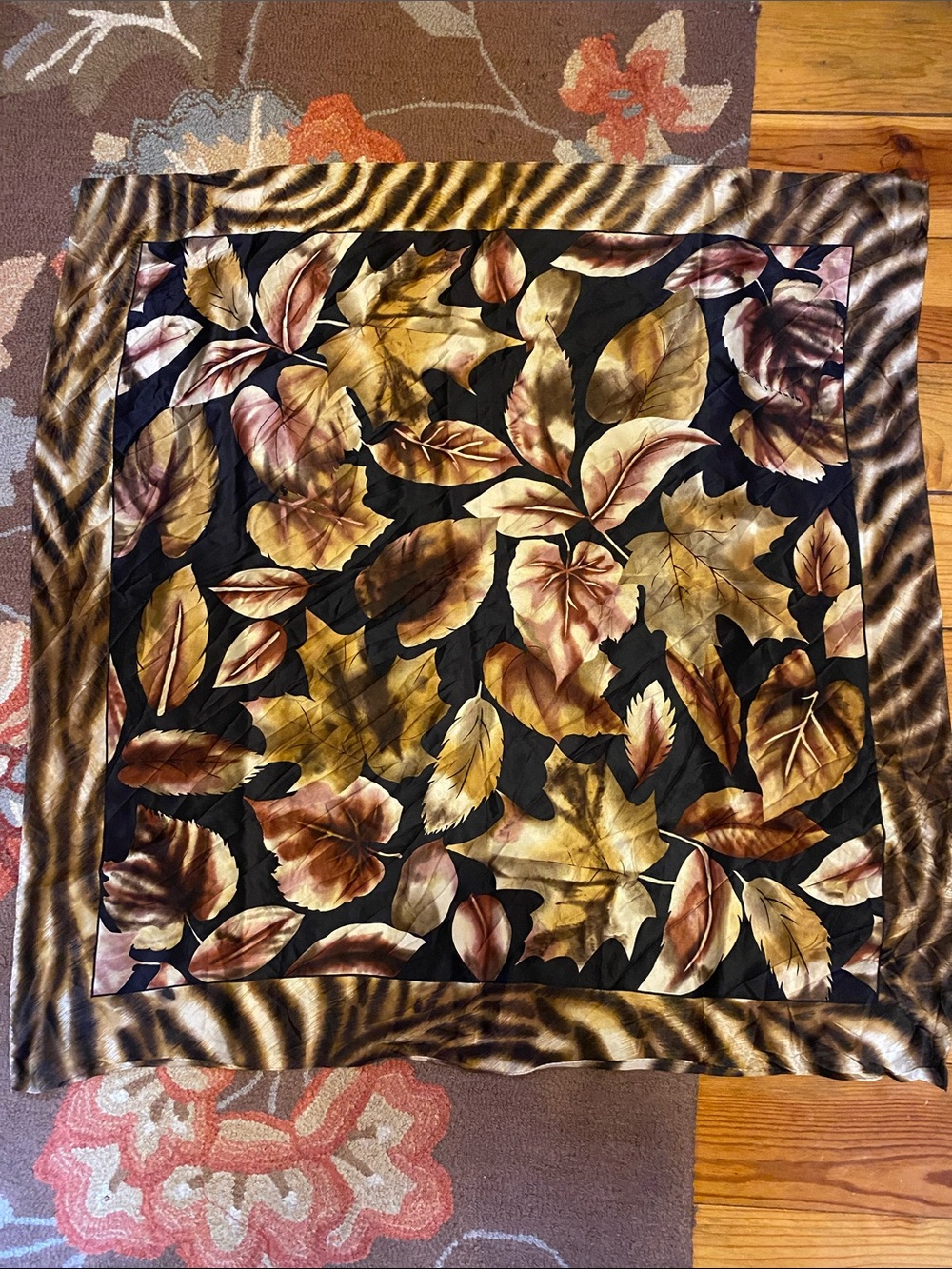 Vintage ECHO Silk Scarf with Autumn Leaves Motif & Zebra Print Border